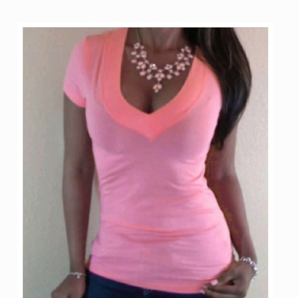 Sexy wide band coral vneck lowcut short sleeve solid tee shirt top
